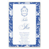 Monogram Blue Floral Script Six 8 Names Tischnummer (Vorderseite)