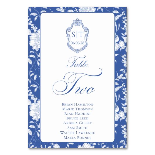 Monogram Blue Floral Script Two 8 Names Tischnummer (Vorderseite)