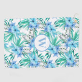 Monogram Blue Floral Tropical Botanical Golfhandtuch (Horizontal)