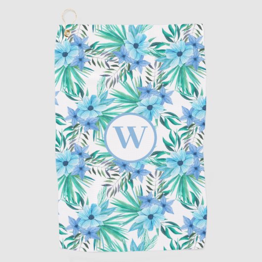 Monogram Blue Floral Tropical Botanical Golfhandtuch (Vorderseite)