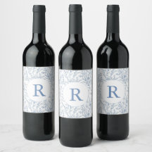Monogram Blue French Floral Toile Wine Label