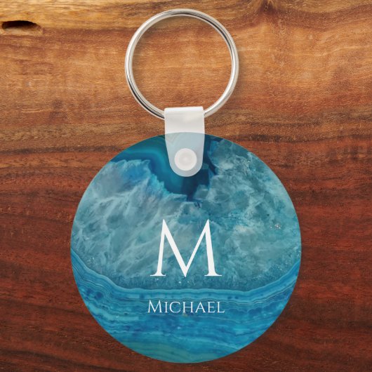 Monogram Blue Geode Initial & Name Modern Agate Schlüsselanhänger (Vorderseite)