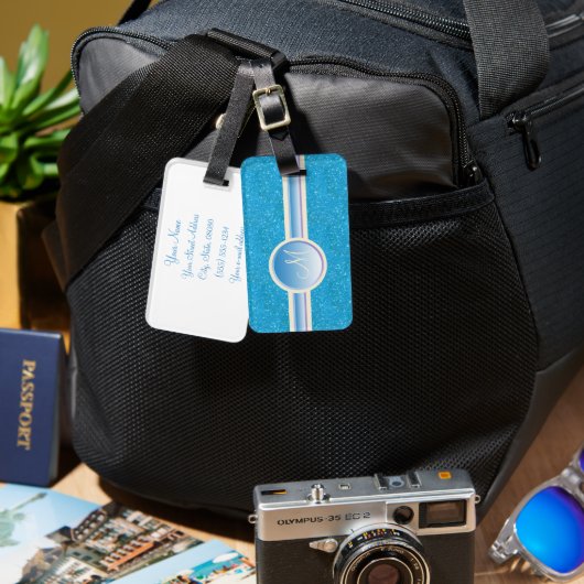 Monogram Blue Glitzern Personalisiert Luggage Tag Gepäckanhänger (Vorderseite & Rückseite)