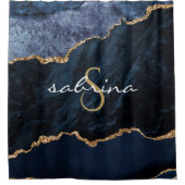 Monogram Blue Gold Agate Geode Duschvorhang (Vorderseite)