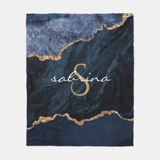 Monogram Blue Gold Agate Geode Fleecedecke (Vorderseite)