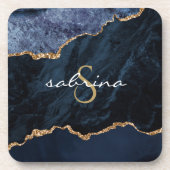 Monogram Blue Gold Agate Geode Getränkeuntersetzer (Vorderseite)