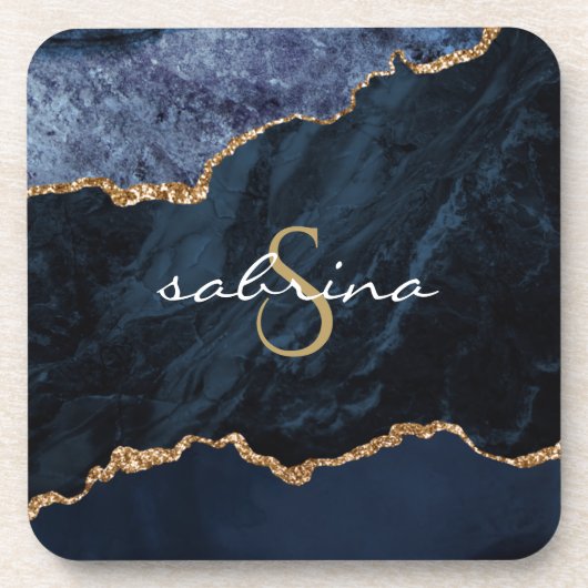 Monogram Blue Gold Agate Geode Getränkeuntersetzer (Vorderseite)