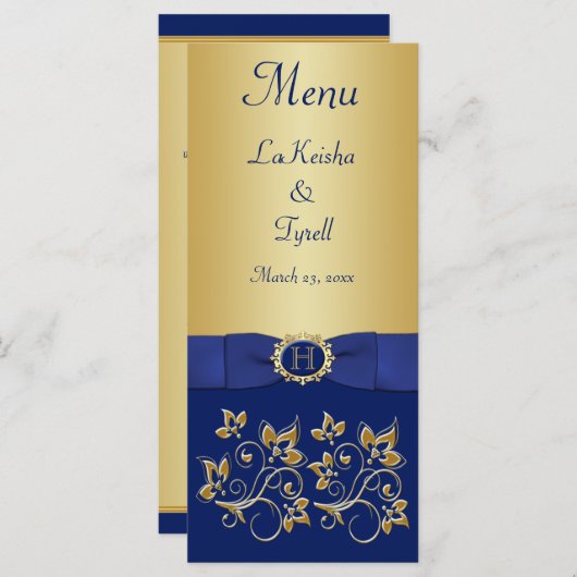 Monogram Blue, Gold Floral Menu Card Menükarte (Vorne/Hinten)