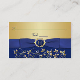 Monogram Blue Gold Floral Platzkarte