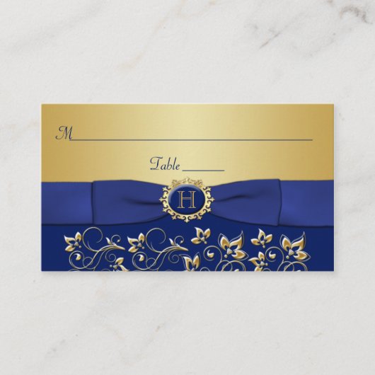 Monogram Blue Gold Floral Platzkarte (Vorderseite)