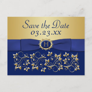 Monogram Blue, Gold Floral Save the Date Postkarte