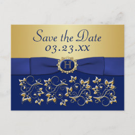 Monogram Blue, Gold Floral Save the Date Postkarte