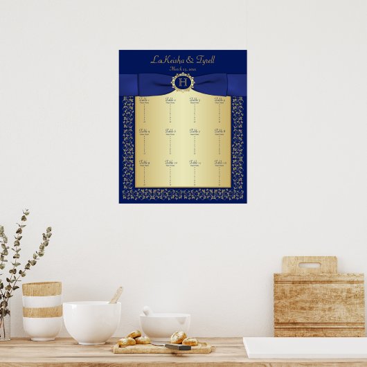 Monogram Blue, Gold Floral Table Plakat (Küche)