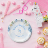 Monogram Blue Gold Floral Watercolor Babydusche Pappteller (Party)