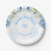 Monogram Blue Gold Floral Watercolor Babydusche Pappteller (Vorderseite)