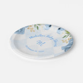 Monogram Blue Gold Floral Watercolor Babydusche Pappteller (Schrägansicht)