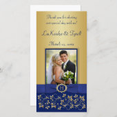 Monogram Blue, Gold Floral Wedding Foto Card Dankeskarte (Vorne/Hinten)