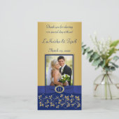 Monogram Blue, Gold Floral Wedding Foto Card Dankeskarte (Stehend Vorderseite)