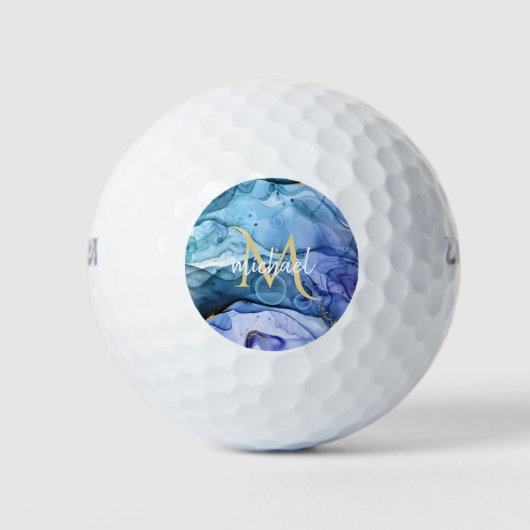 Monogram Blue & Gold Fluid Alcohol Ink Gel Golfball (Vorderseite)