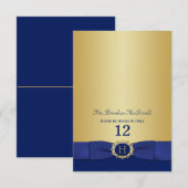 Monogram Blue, Gold Folding Platzkarte (Vorne/Hinten)