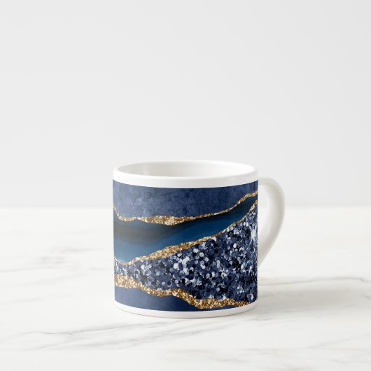 Monogram Blue Gold Glitzer Agate Marble Expresso Espressotasse (Vorderseite Rechts)