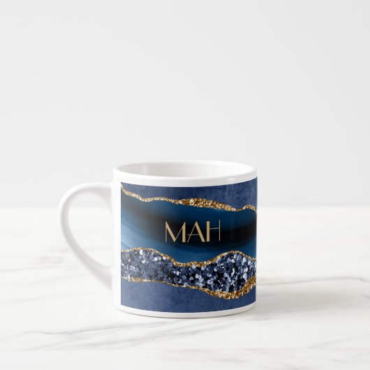 Monogram Blue Gold Glitzer Agate Marble Expresso Espressotasse (Links)