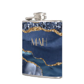 Monogram Blue Gold Glitzer Agate Marble Glam Bling Flachmann (Links)