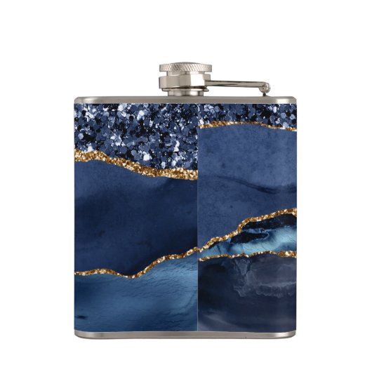 Monogram Blue Gold Glitzer Agate Marble Glam Bling Flachmann (Rückseite)