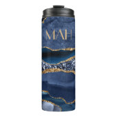 Monogram Blue Gold Glitzer Agate Marble Trendy Thermosbecher (Vorderseite)