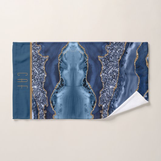 Monogram Blue Gold Glitzer Agate Pattern Trendy Badhandtuch Set (Handtuch)