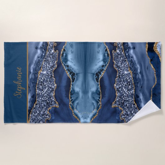 Monogram Blue Gold Glitzer Agate Pattern Trendy Strandtuch (Vorderseite)