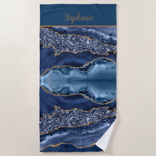Monogram Blue Gold Glitzer Agate Pattern Trendy Strandtuch (Vorderseite)