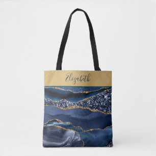 Monogram Blue Gold Glitzer Agate Trendy Marble Tasche