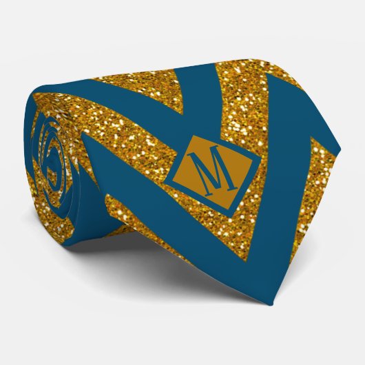 Monogram Blue & Gold Glitzer Muster Design Men Krawatte (Gerollt)