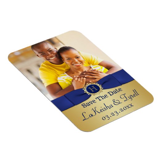 Monogram Blue, Gold Save the Date Foto Magnet (Rechte Seite)
