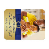 Monogram Blue, Gold Save the Date Foto Magnet (Horizontal)