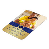 Monogram Blue, Gold Save the Date Foto Magnet (Linke Seite)