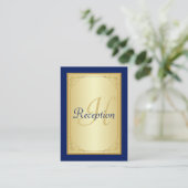 Monogram Blue Gold Scroll Empfang Encryption Card Begleitkarte (Stehend Vorderseite)