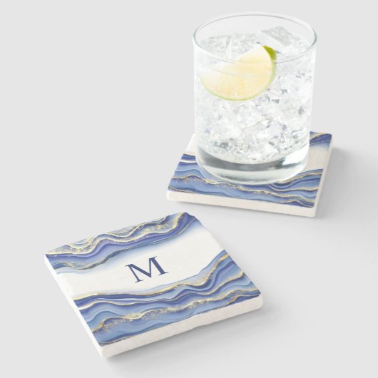 Monogram Blue Gold White Glitzern Agate Geode Gift Steinuntersetzer (Seitenansicht)