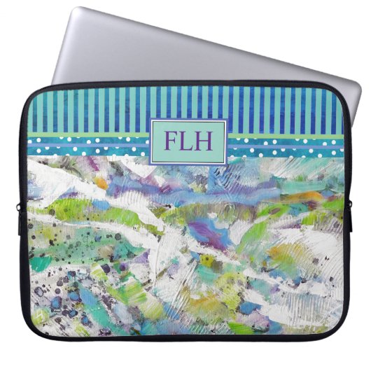 Monogram Blue Green Abstrakt Art & Stripes Laptopschutzhülle (Vorderseite)