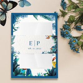 Monogram Blue Green Botanical Butterfly Wedding Einladungsbanderole