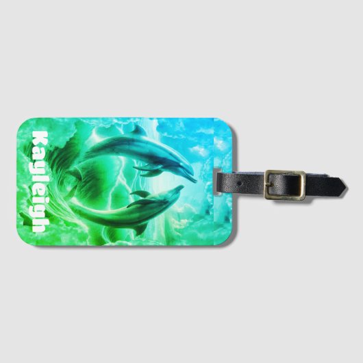 Monogram Blue & Green Delphins Ozean | Gepäckanhänger (Vorderseite (Horizontal))