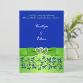 Monogram Blue, Green Floral, Hearts Wedite Einladu Einladung (Stehend Vorderseite)