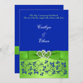 Monogram Blue, Green Floral, Hearts Wedite Einladu Einladung (Vorne/Hinten)