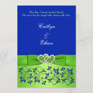Monogram Blue, Green Floral, Hearts Wedite Einladu Einladung
