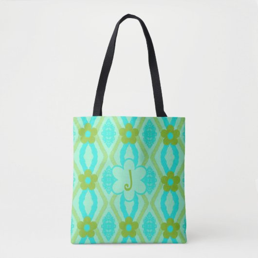 Monogram Blue Green Gold Diamonds & Blume Tasche (Vorderseite)