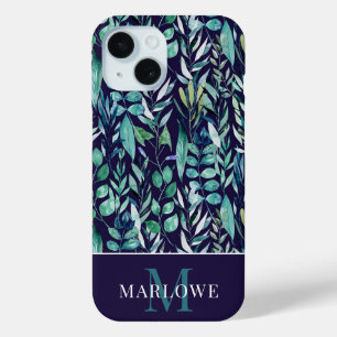 Monogram Blue Green Watercolor Botanisches Muster Case-Mate iPhone Hülle