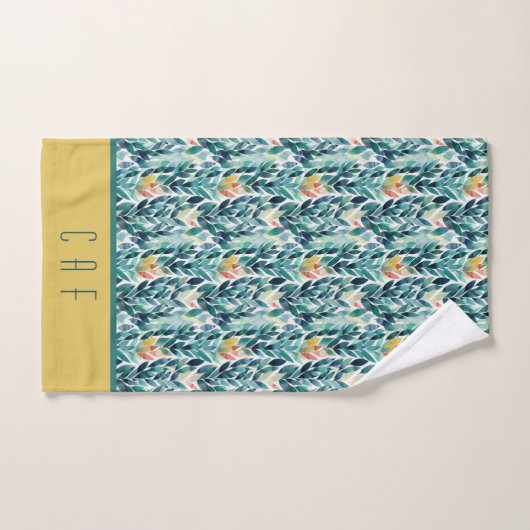 Monogram Blue Green Yellow Blätter Leaf Muster Badhandtuch Set (Handtuch)