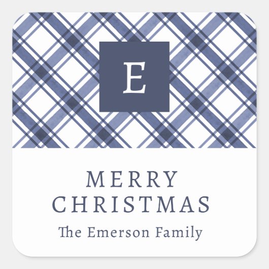 Monogram Blue Holiday Aufkleber (Vorderseite)