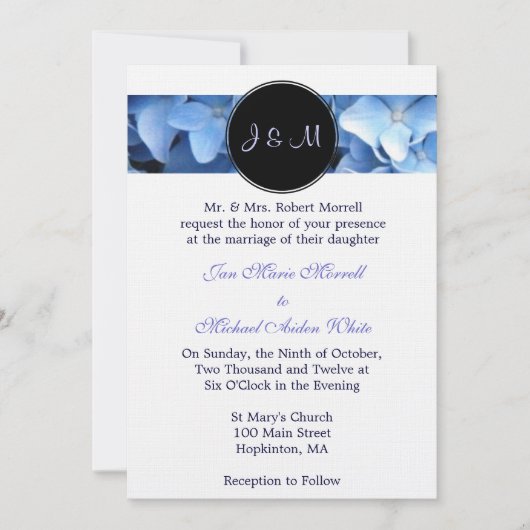 Monogram Blue Hydrangea Hochzeit Einladung (Vorderseite)